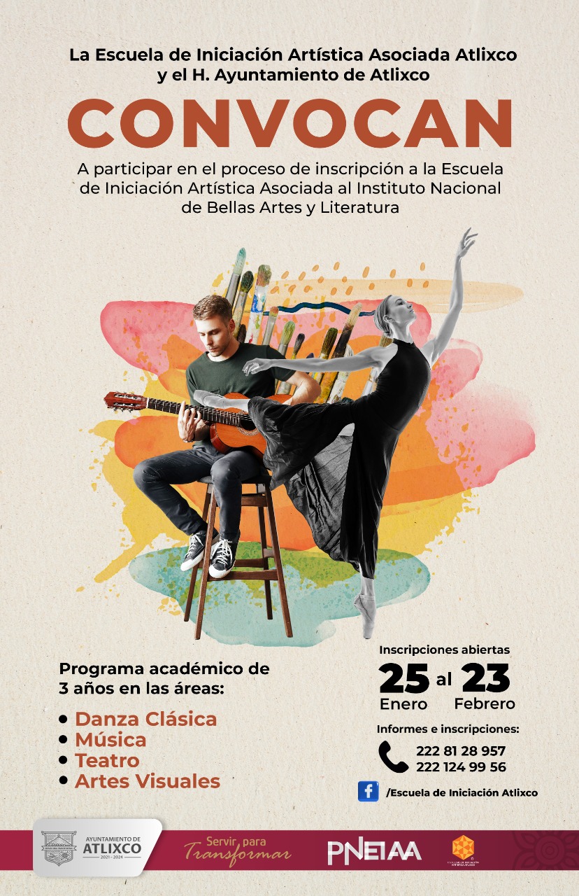 Ayuntamiento de Atlixco invita a inscribirse a la escuela de Iniciación Artistica