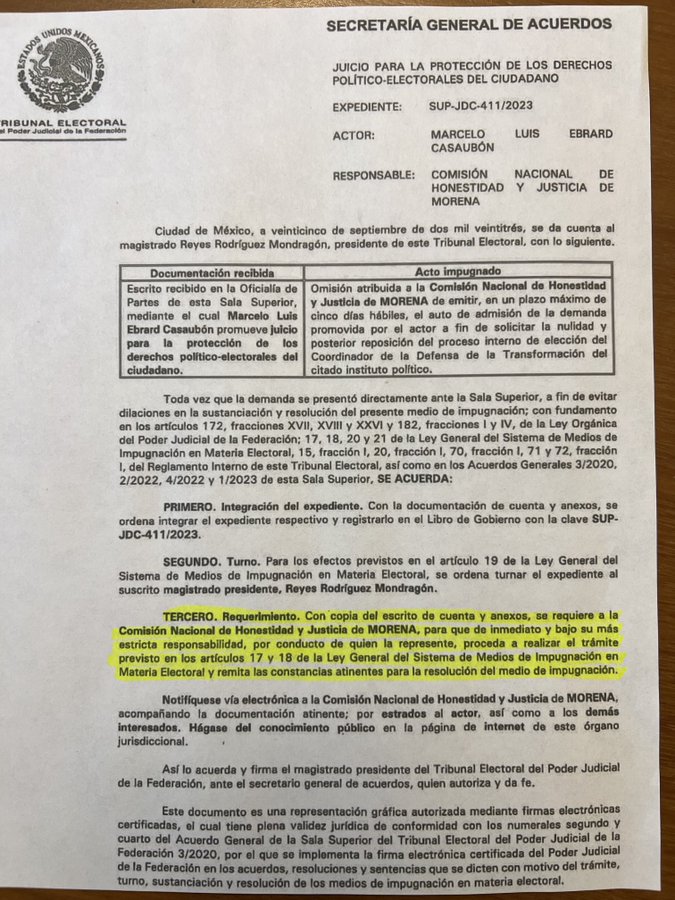 Revés del TEPJF a Morena; ordena responder a impugnación de Marcelo Ebrard