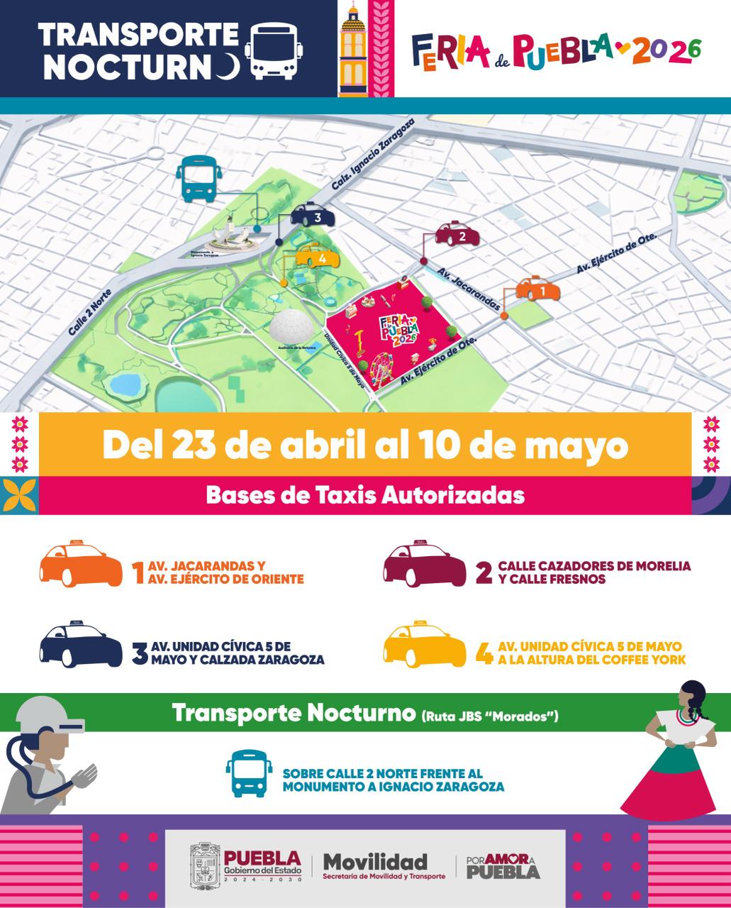 Habrá cuatro bases de taxi y cinco rutas de transporte público para la Feria de Puebla 2026